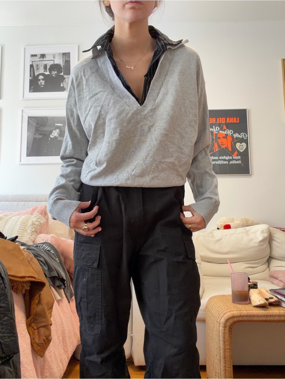 Edikted Gray V-Neck Pullover Layered Over Black Pinstripe Shirt